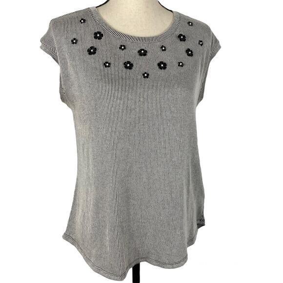 ELLE Sequin Blouse Short Sleeve Black Striped Scoopneck Top Womens XS - Picture 11 of 11